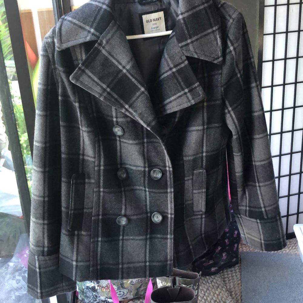 Old Navy double-breasted jacket plaid black/gray’s